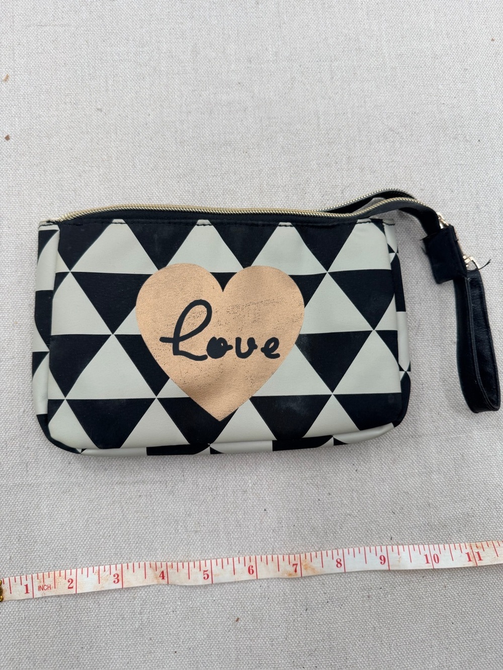 Geometric Black & Cream Wristlet Clutch with Gold Heart Accent
